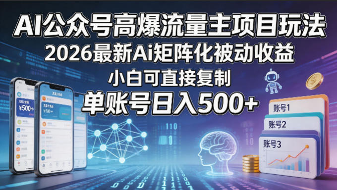 AI公众号高爆流量主项目玩法，2026最新Ai矩阵化被动收益，小白可直接复制，单账号日入500+-藏宝阁