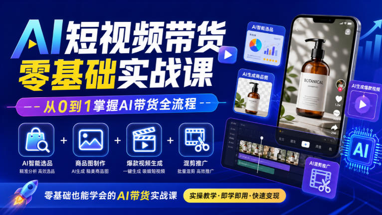 AI短视频带货零基础实战课｜AI智能选品+商品图制作+爆款视频生成+混剪推广，从0到1掌握AI带货全流程-藏宝阁