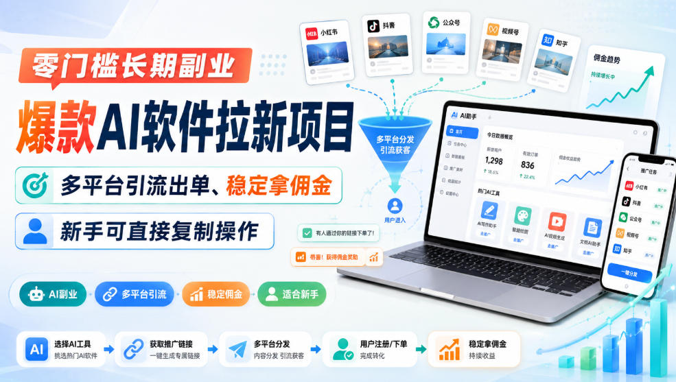 零门槛长期副业，爆款AI软件拉新项目，多平台引流出单、稳定拿佣金，新手可直接复制操作-藏宝阁