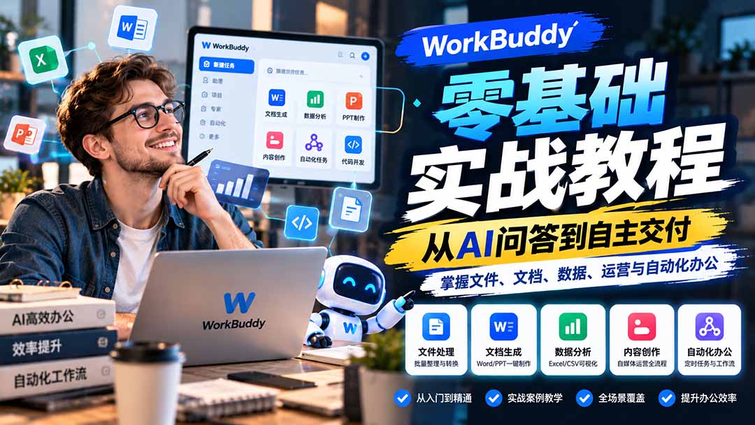 WorkBuddy零基础实战教程：从AI问答到自主交付，掌握文件、文档、数据、运营与自动化办公-藏宝阁