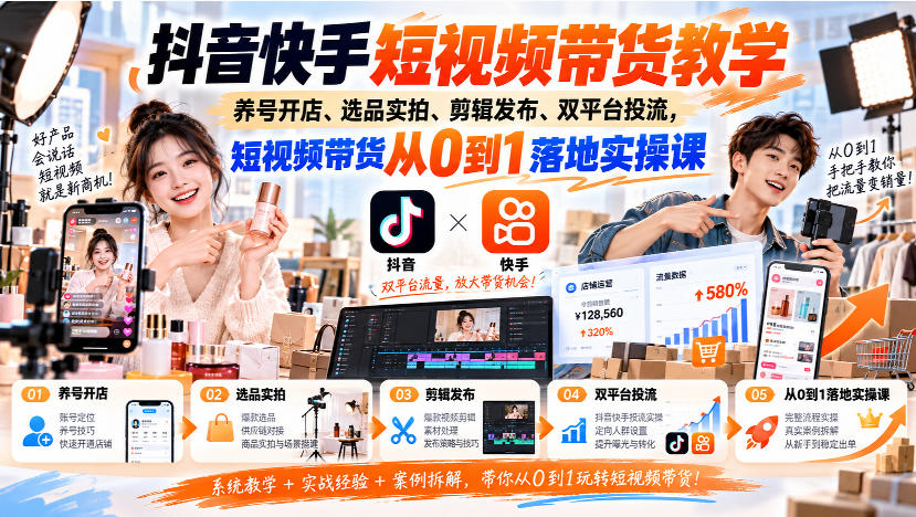 抖音快手短视频带货教学｜养号开店、选品实拍、剪辑发布、双平台投流，短视频带货从0到1落地实操课-藏宝阁