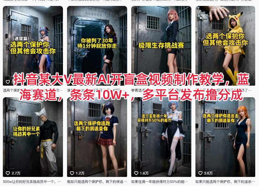 抖音某大V最新AI开盲盒视频制作教学，蓝海赛道，条条10W+，多平台发布撸分成-藏宝阁