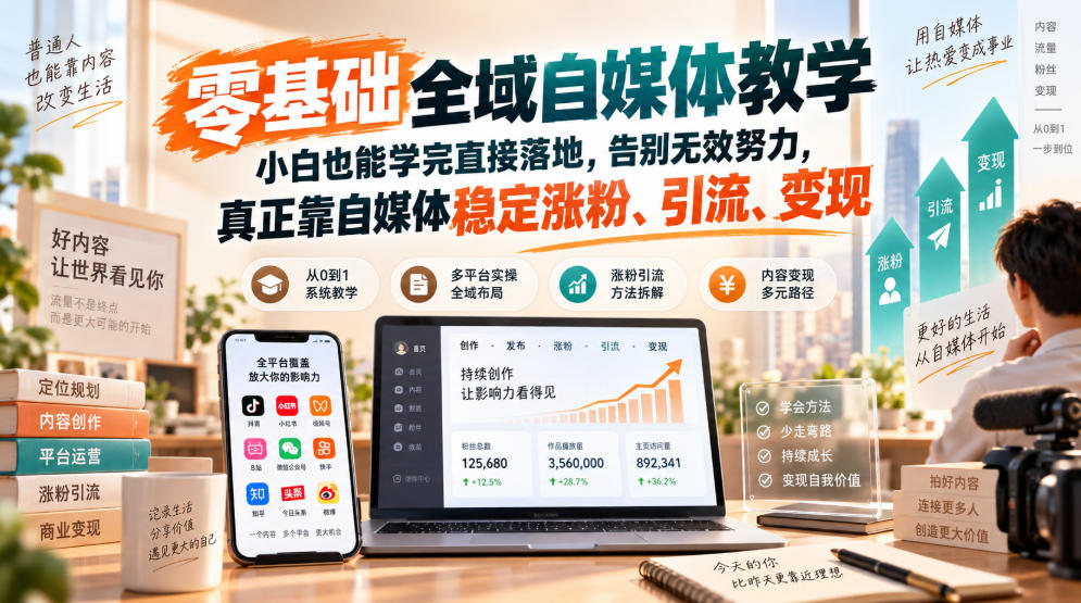 零基础全域自媒体教学，小白也能学完直接落地，告别无效努力，真正靠自媒体稳定涨粉、引流、变现-藏宝阁