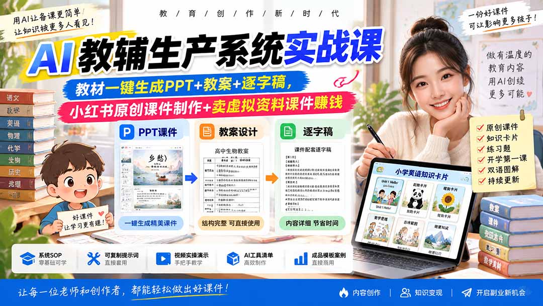 AI教辅生产系统实战课-更新0926｜教材一键生成PPT+教案+逐字稿，小红书原创课件制作+卖虚拟资料课件赚钱-藏宝阁