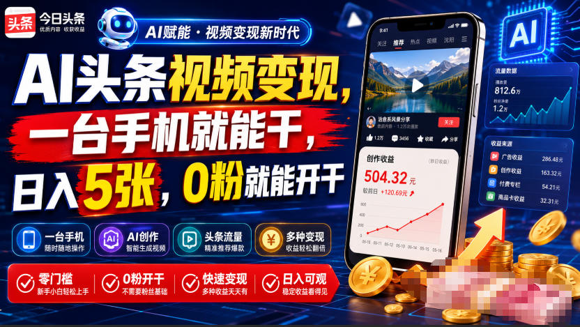 AI头条视频变现，一台手机就能干，日入5张，0粉就能开干-藏宝阁