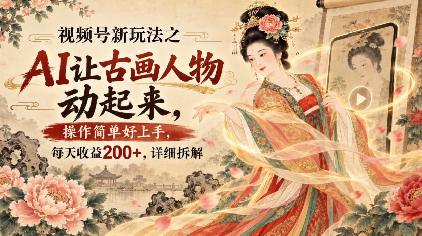 视频号新玩法之AI让古画人物动起来，操作简单好上手，每天收益200+，详细拆解-藏宝阁