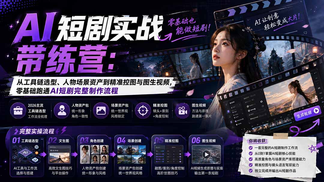 AI短剧实战训练营：从工具链选型、人物场景资产到精准控图与图生视频，零基础跑通AI短剧完整制作流程-藏宝阁
