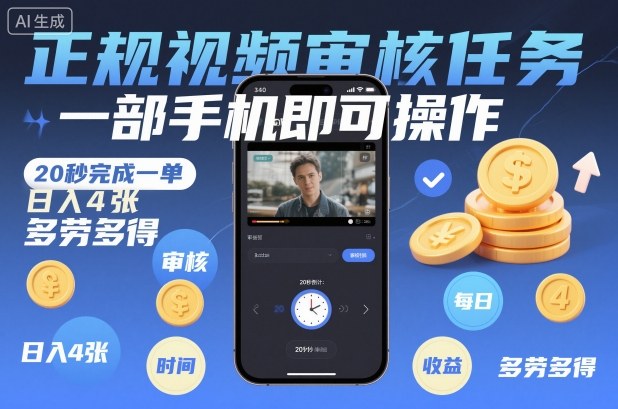 正规视频审核任务，一部手机即可操作，20秒完成一单，日入4张，多劳多得【揭秘】-藏宝阁