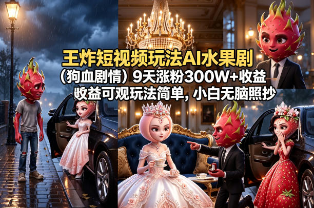 王炸短视频玩法AI水果剧(狗血剧情)9天涨粉300W+收益可观玩法简单，小白无脑照抄，详细拆解玩法-藏宝阁