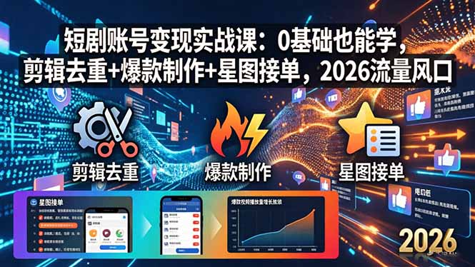 短剧账号变现实战课：0基础也能学，剪辑去重+爆款制作+星图接单，2026流量风口-藏宝阁