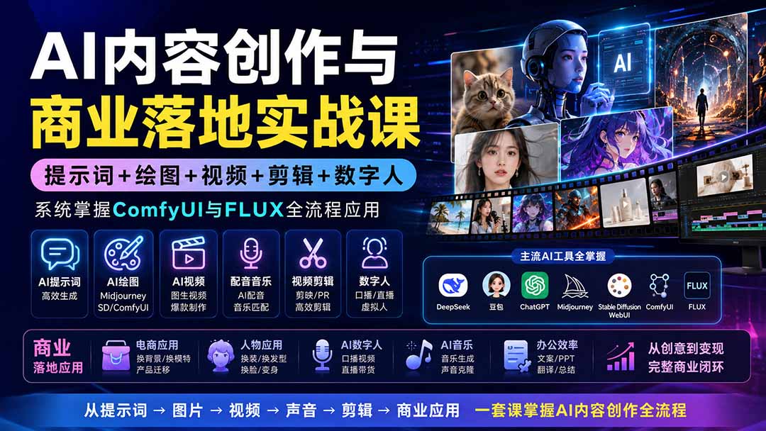 AI内容创作与商业落地实战课：提示词+绘图+视频+剪辑+数字人，系统掌握ComfyUI与FLUX全流程应用-藏宝阁