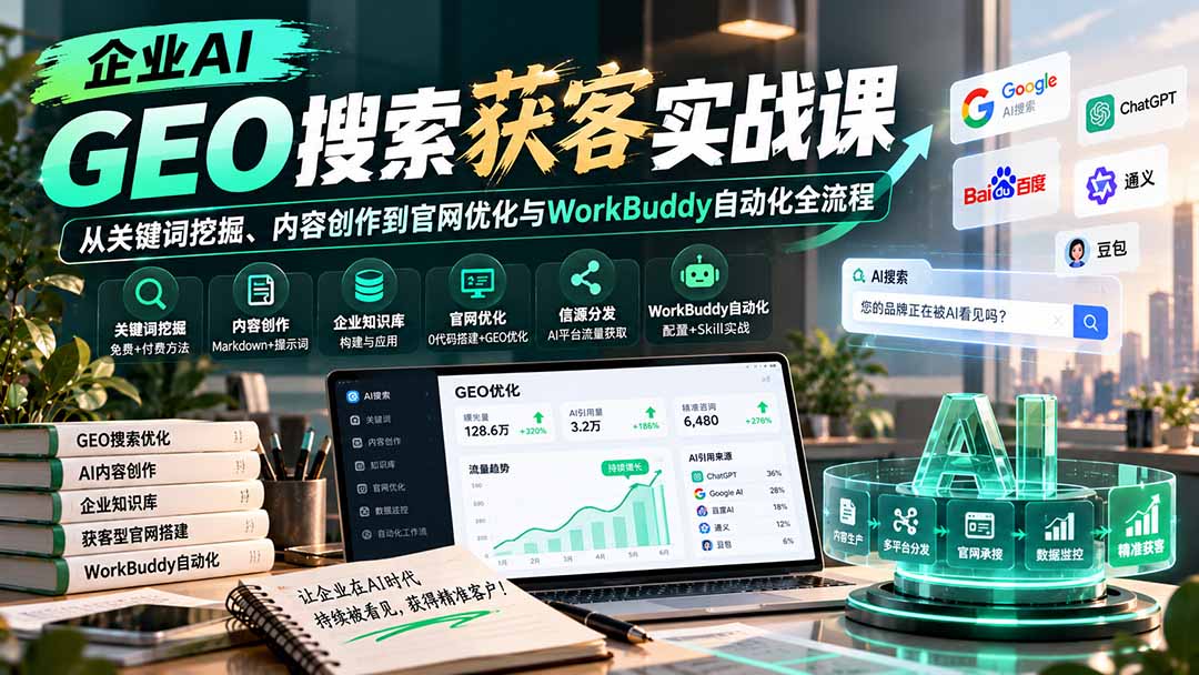 企业AI GEO搜索获客实战课：从关键词挖掘、内容创作到官网优化与WorkBuddy自动化全流程-藏宝阁