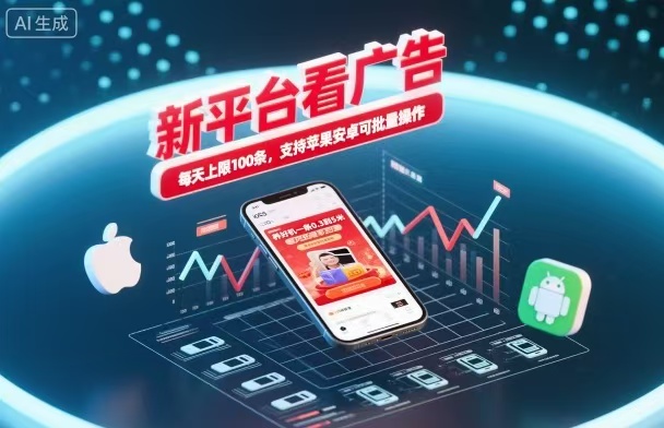 新台看广告，养好机一条5毛到5块，单机日入30到100，支持苹果安卓，可批量操作。-藏宝阁
