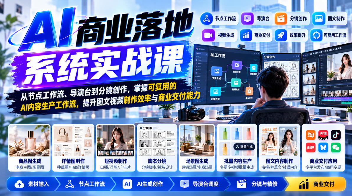 【无水印】AI商业落地系统实战课，从节点工作流、导演台到分镜创作，掌握可复用的AI内容生产工作流，提升图文视频制作效率与商业交付能力-藏宝阁