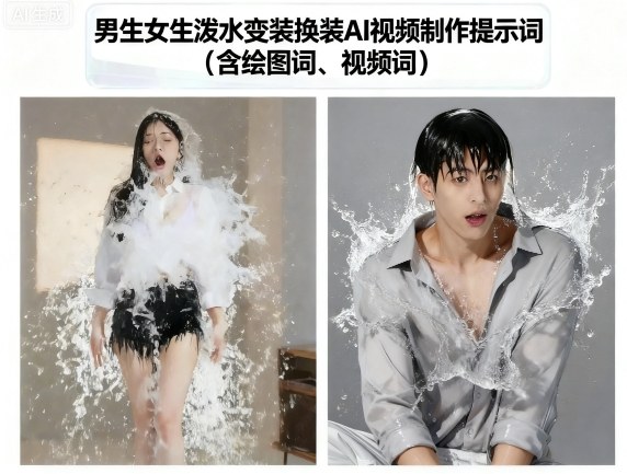 男生女生泼水变装换装AI视频制作提示词(含绘图词、视频词)-藏宝阁