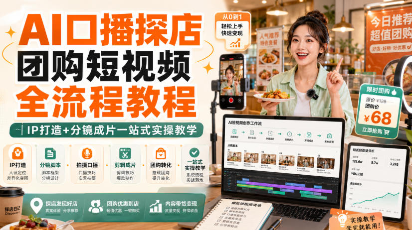 AI口播探店团购短视频全流程教程｜IP打造+分镜成片一站式实操教学-藏宝阁
