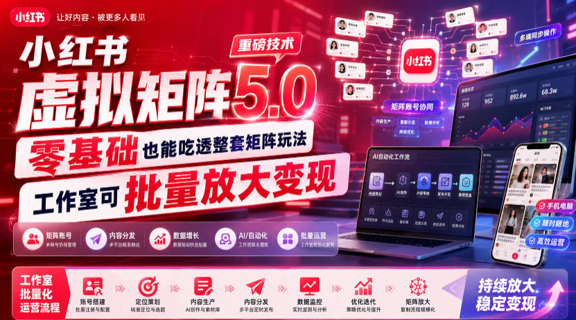 小红书虚拟矩阵5.0重磅技术，零基础也能吃透整套矩阵玩法，工作室可批量放大变现-藏宝阁