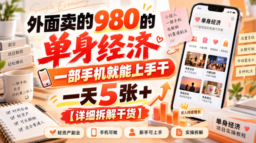 外面卖的980的单身经济，一部手机就能上手干，一天5张+【详细拆解干货】-藏宝阁