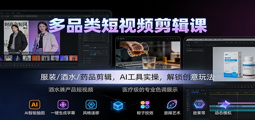 多品类短视频剪辑课：服装/酒水/药品剪辑，AI工具实操，解锁创意玩法-藏宝阁
