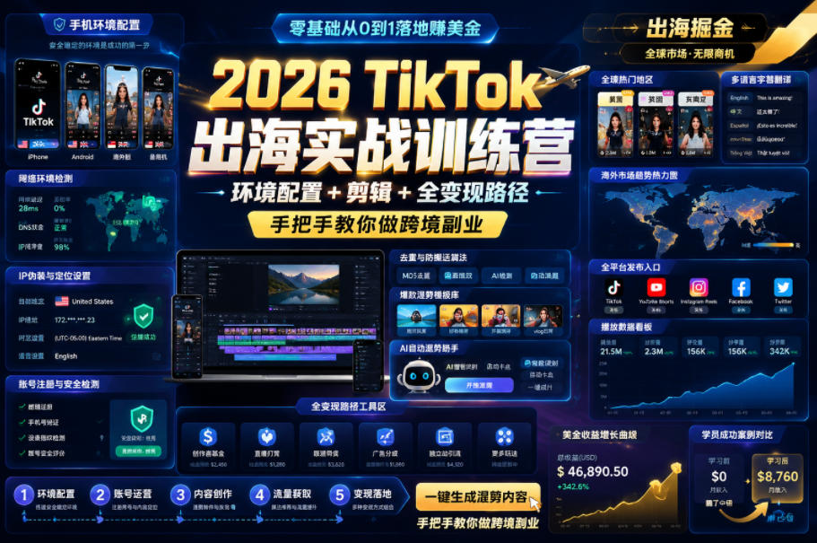2026 TikTok出海实战训练营，环境配置 + 剪辑 + 全变现路径，手把手教你做跨境副业-藏宝阁