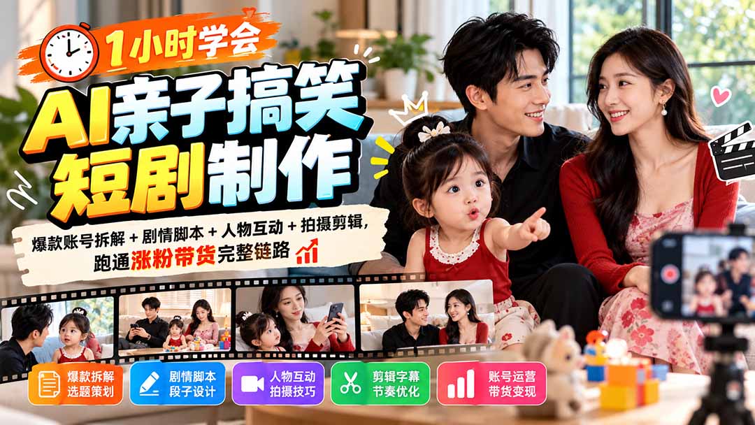 1小时学会AI亲子搞笑短剧制作：爆款账号拆解+剧情脚本+人物互动+拍摄剪辑，跑通涨粉带货完整链路-藏宝阁
