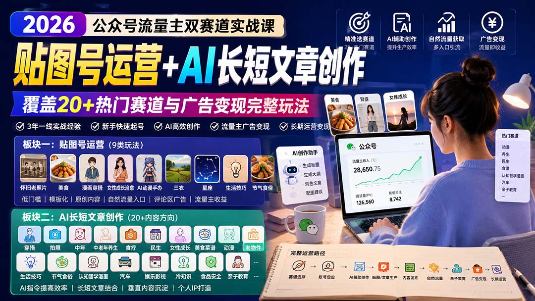 公众号流量主双赛道实战课：贴图号运营+AI长短文章创作，覆盖20+热门赛道与广告变现完整玩法-藏宝阁
