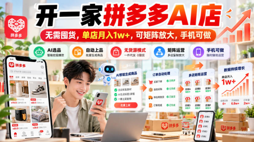开一家拼多多AI店，无需囤货，单店月入1w+，可矩阵放大，手机可做【揭秘】-藏宝阁