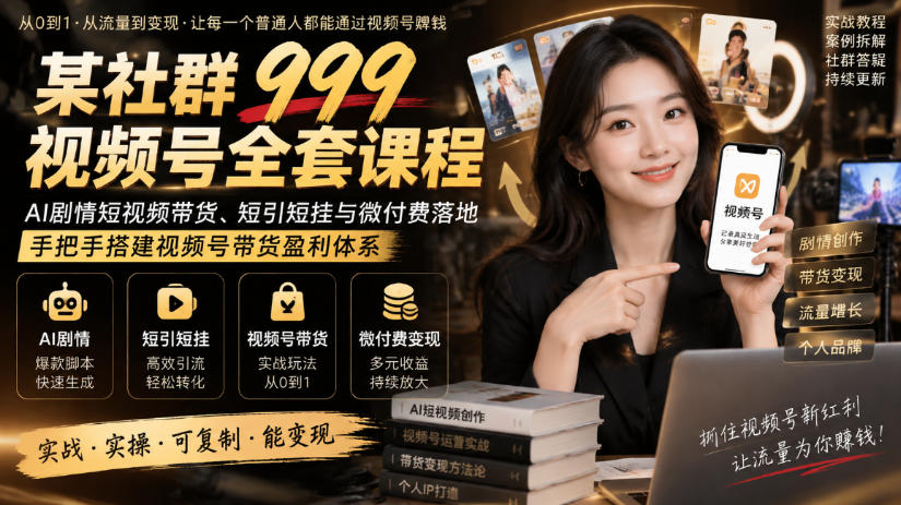 某社群999视频号全套课程，AI剧情短视频带货、短引短挂与微付费落地，手把手搭建视频号带货盈利体系-藏宝阁