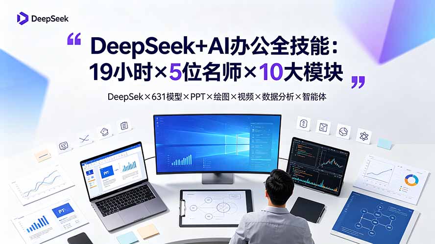 DeepSeek+AI办公全技能：19小时×5位名师×10大模块，DeepSeek×631模型×PPT×绘图×视频×数据分析×智能体-藏宝阁