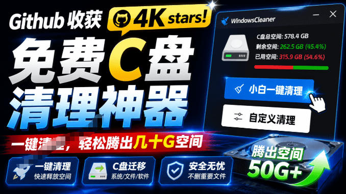 Github收获4K stars！免费C盘清理神器，轻松腾出几十G空间，支持C盘迁移Windows Cleaner-藏宝阁