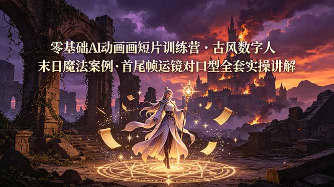 零基础AI动画短片训练营，古风数字人末日魔法案例，首尾帧运镜对口型全套实操讲解-藏宝阁