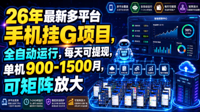 26年最新多平台手机挂G项目，全自动运行，每天可提现，单机900-1500月，可矩阵放大【揭秘】-藏宝阁