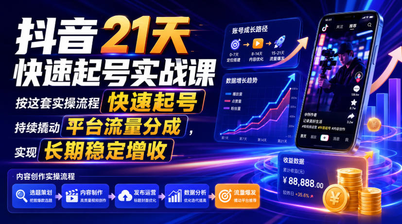 抖音21天快速起号实战课，按这套实操流程快速起号，持续撬动平台流量分成，实现长期稳定增收-藏宝阁