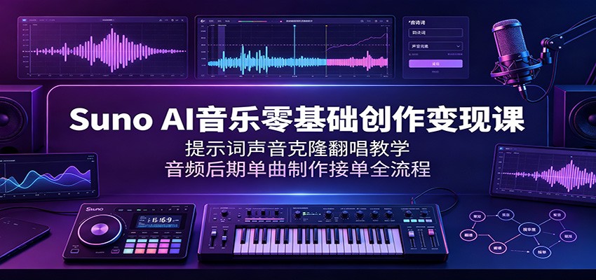 Suno AI音乐零基础创作变现课：提示词声音克隆翻唱教学，音频后期单曲制作接单全流程-藏宝阁