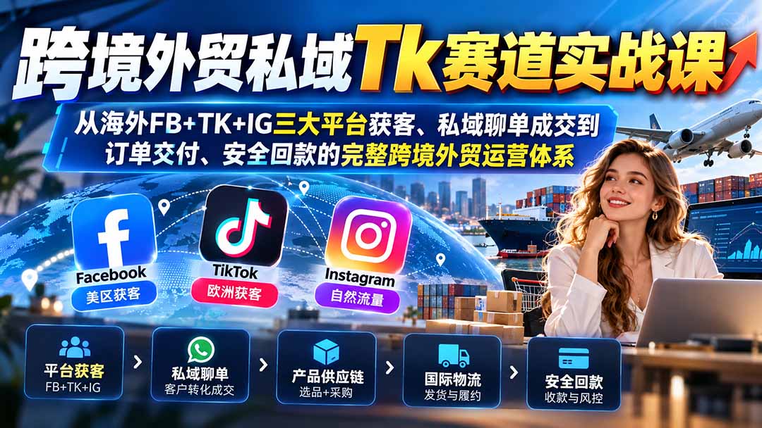跨境外贸私域Tk赛道实战课：从海外FB+TK+IG三大平台获客、私域聊单成交到订单交付、安全回款的完整跨境外贸运营体系-藏宝阁