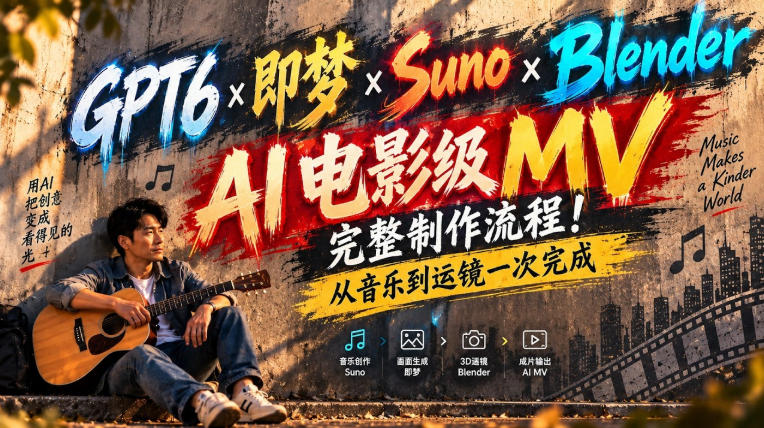 GPT6×即梦×Suno×Blender｜AI电影级MV完整制作流程！从音乐到运镜一次完成！-藏宝阁