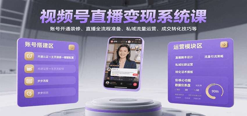 视频号直播变现系统课，账号开通装修、直播全流程准备、私域流量运营、成交转化技巧等-藏宝阁