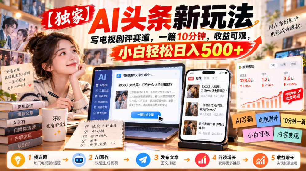 【独家】AI头条新玩法，写电视剧评赛道，一篇10分钟，收益可观，小白轻松日入500+-藏宝阁