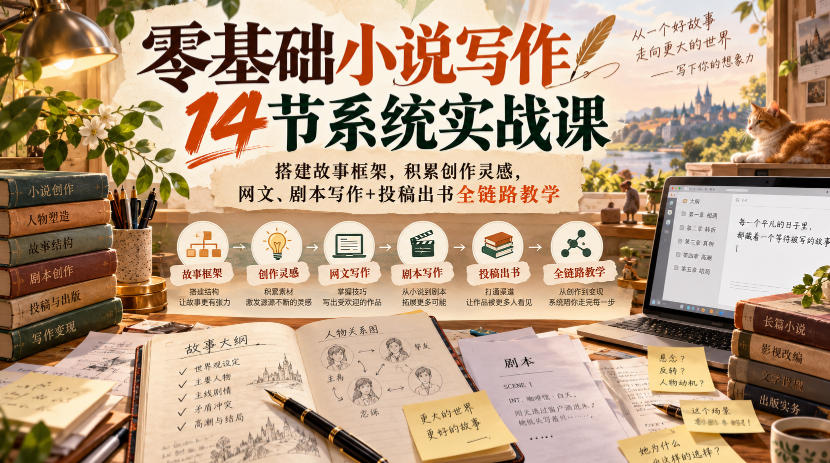 零基础小说写作14节系统实战课，搭建故事框架，积累创作灵感，网文、剧本写作+投稿出书全链路教学-藏宝阁