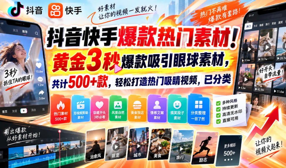 抖音快手爆款热门素材！黄金3秒爆款吸引眼球素材，共计500+款，轻松打造热门吸睛视频，已分类-藏宝阁