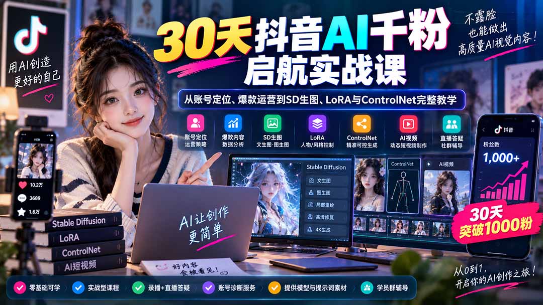30天抖音AI千粉启航实战课：从账号定位、爆款运营到SD生图、LoRA与ControlNet完整教学-藏宝阁