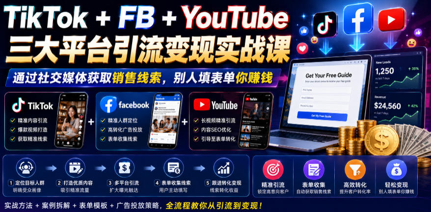 TikTok+FB+YouTube三大平台引流变现实战课，通过社交媒体获取销售线索，别人填表单你賺钱【原创双语字幕】-藏宝阁