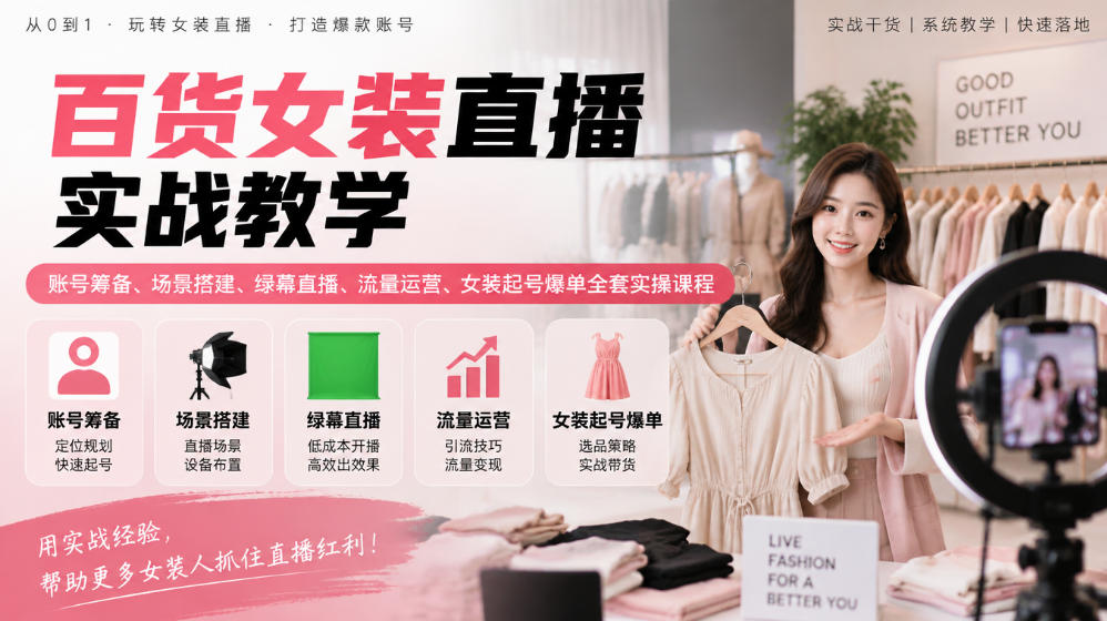 百货女装直播实战教学｜账号筹备、场景搭建、绿幕直播、流量运营、女装起号爆单全套实操课程-藏宝阁