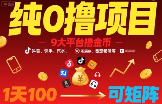 纯0撸项目，9大平台撸金币，抖音，快手，汽水，番茄畅听等，1天100，可矩阵-藏宝阁