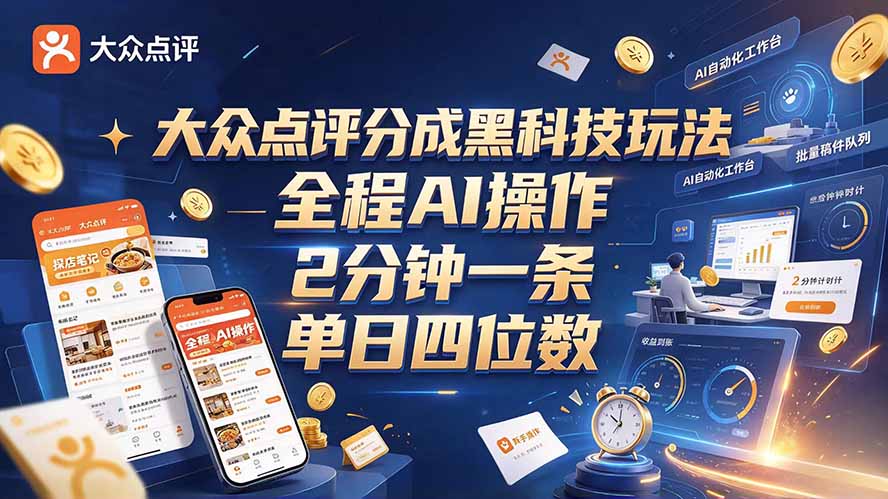 大众点评分成全网独家玩法，AI 全自动出内容，2 分钟一条，小白可冲单日四位数-藏宝阁