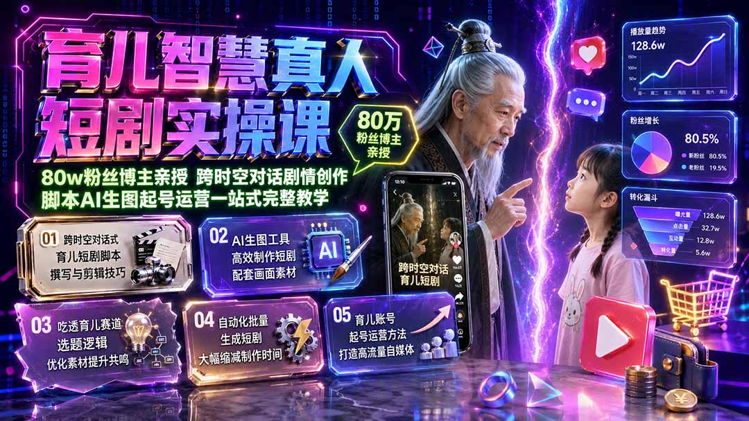 育儿智慧真人短剧实操课｜80w粉丝博主亲授，跨时空对话剧情创作，脚本AI生图起号运营一站式完整教学-藏宝阁