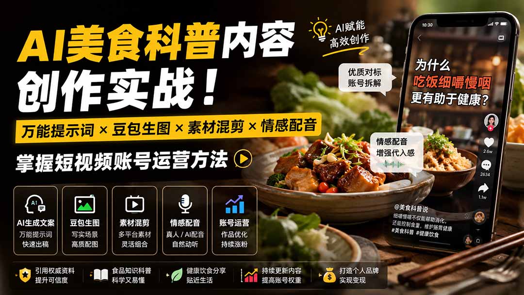 外面卖199元-AI美食科普内容创作实战！万能提示词×豆包生图×素材混剪×情感配音，掌握短视频账号运营方法-藏宝阁