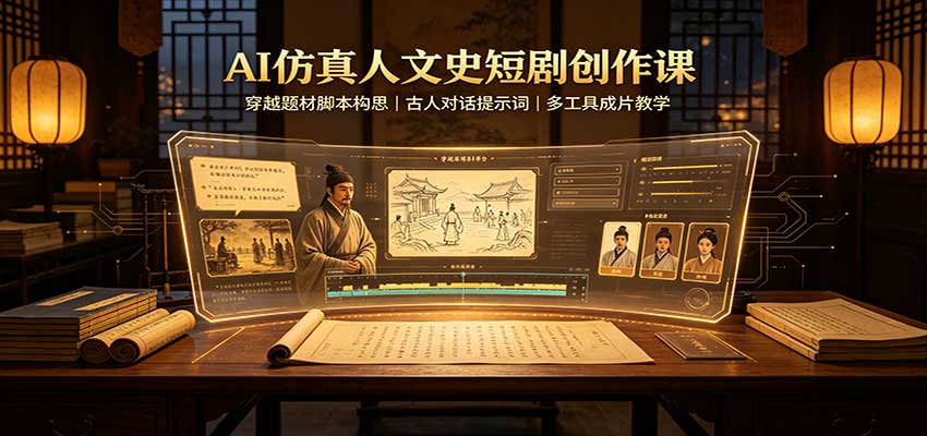 AI仿真人文史短剧创作课:穿越题材脚本构思,古人对话提示词,多工具成片教学-藏宝阁