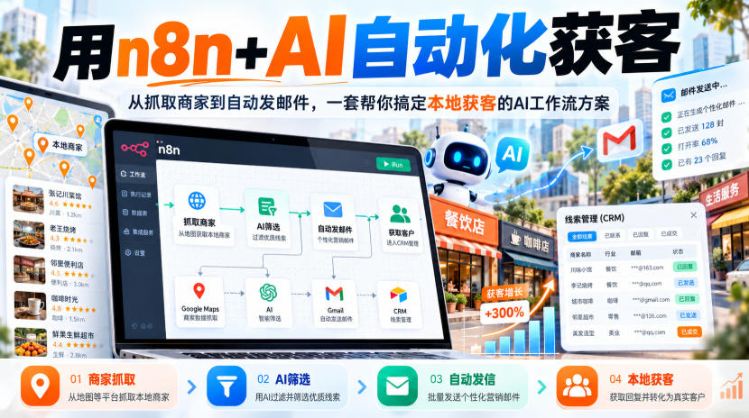 【无水印】用n8n+AI自动化获客，从抓取商家到自动发邮件，一套帮你搞定本地获客的AI工作流方案【原创双语字幕】-藏宝阁
