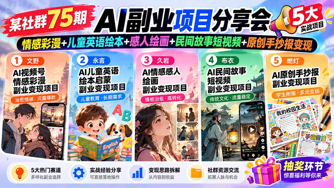 某社群75期AI副业项目分享会：情感彩漫+儿童英语绘本+感人绘画+民间故事短视频+原创手抄报变现-藏宝阁